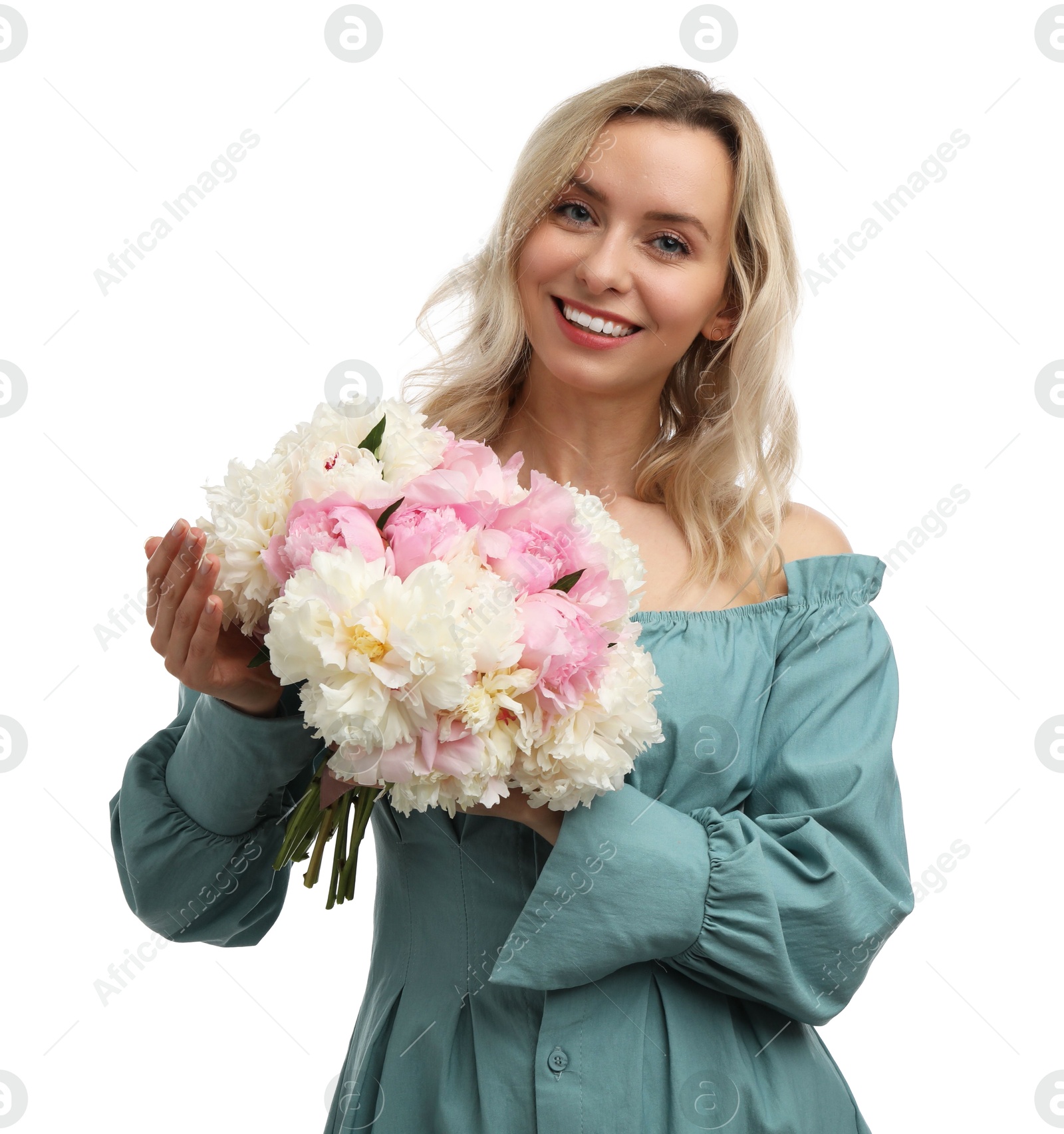 Photo of Happy woman with bouquet of beautiful peonies on white background