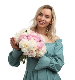Photo of Happy woman with bouquet of beautiful peonies on white background
