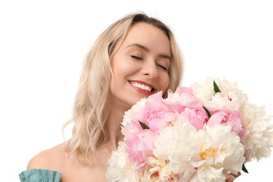 Photo of Happy woman with bouquet of beautiful peonies on white background