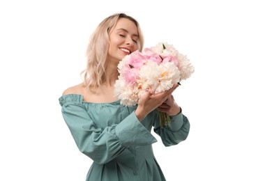 Photo of Happy woman with bouquet of beautiful peonies on white background