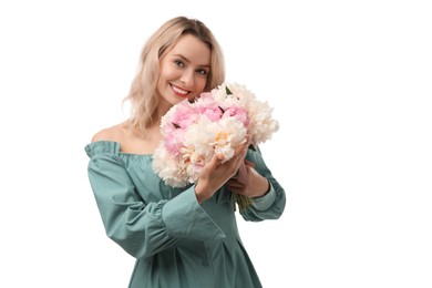 Photo of Happy woman with bouquet of beautiful peonies on white background