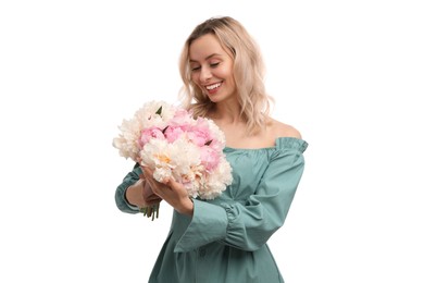 Photo of Happy woman with bouquet of beautiful peonies on white background