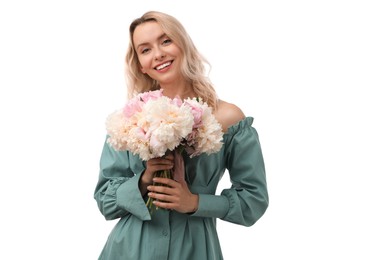 Photo of Happy woman with bouquet of beautiful peonies on white background
