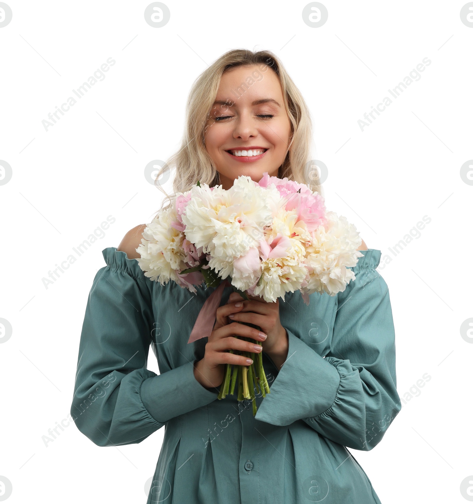Photo of Happy woman with bouquet of beautiful peonies on white background