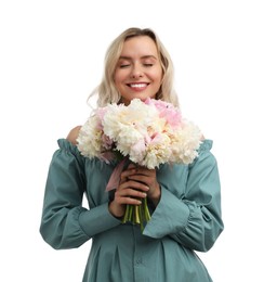 Photo of Happy woman with bouquet of beautiful peonies on white background