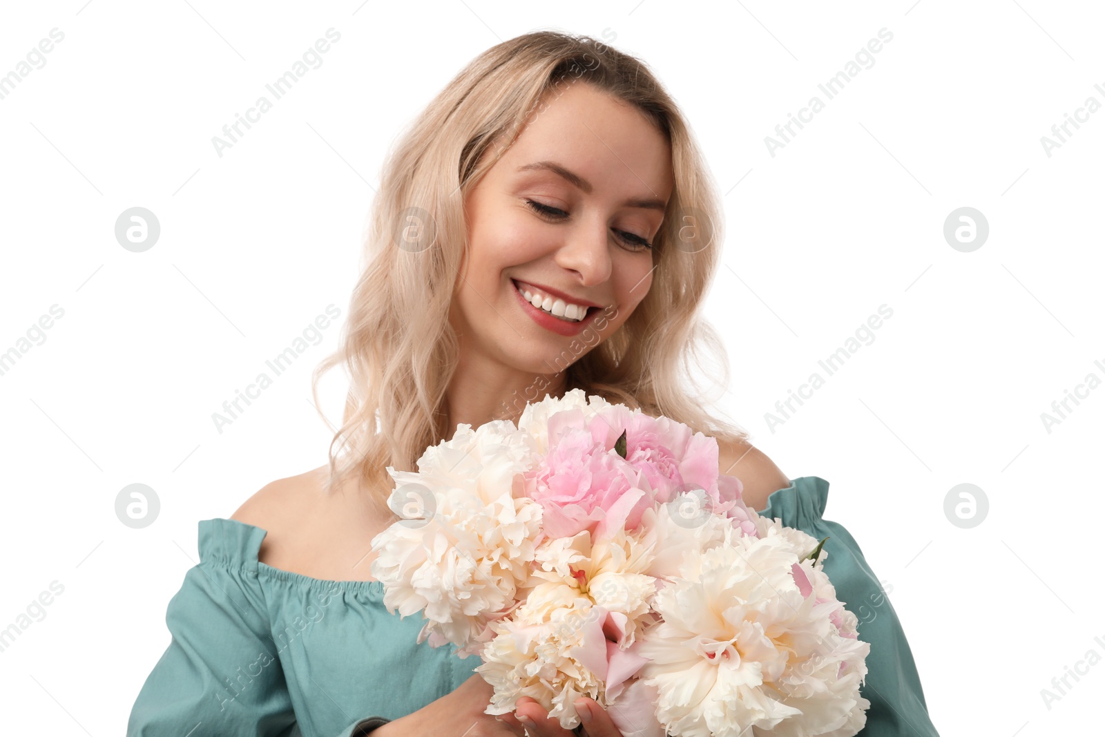 Photo of Happy woman with bouquet of beautiful peonies on white background