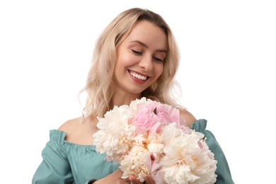 Photo of Happy woman with bouquet of beautiful peonies on white background