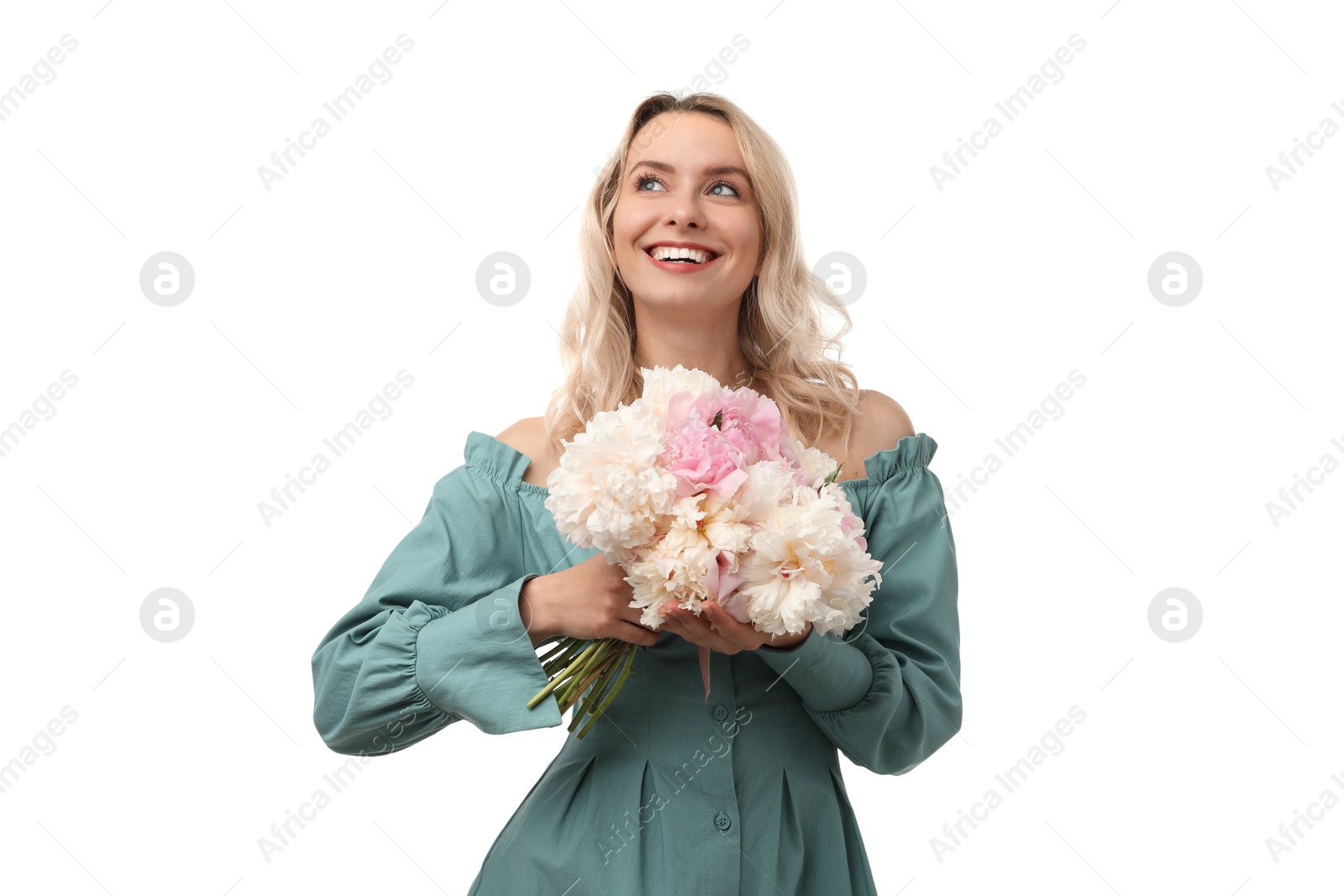 Photo of Happy woman with bouquet of beautiful peonies on white background