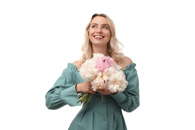 Photo of Happy woman with bouquet of beautiful peonies on white background