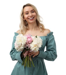 Photo of Happy woman with bouquet of beautiful peonies on white background