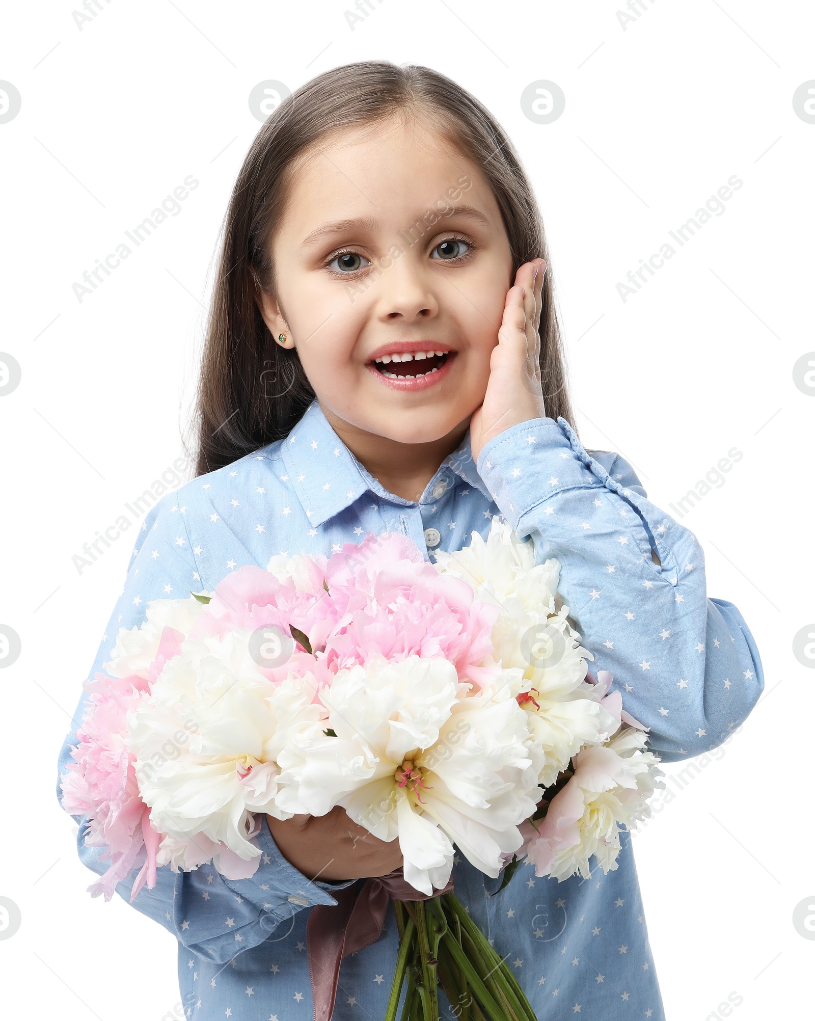 Photo of Cute little girl with bouquet of beautiful peonies on white background