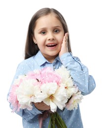 Photo of Cute little girl with bouquet of beautiful peonies on white background