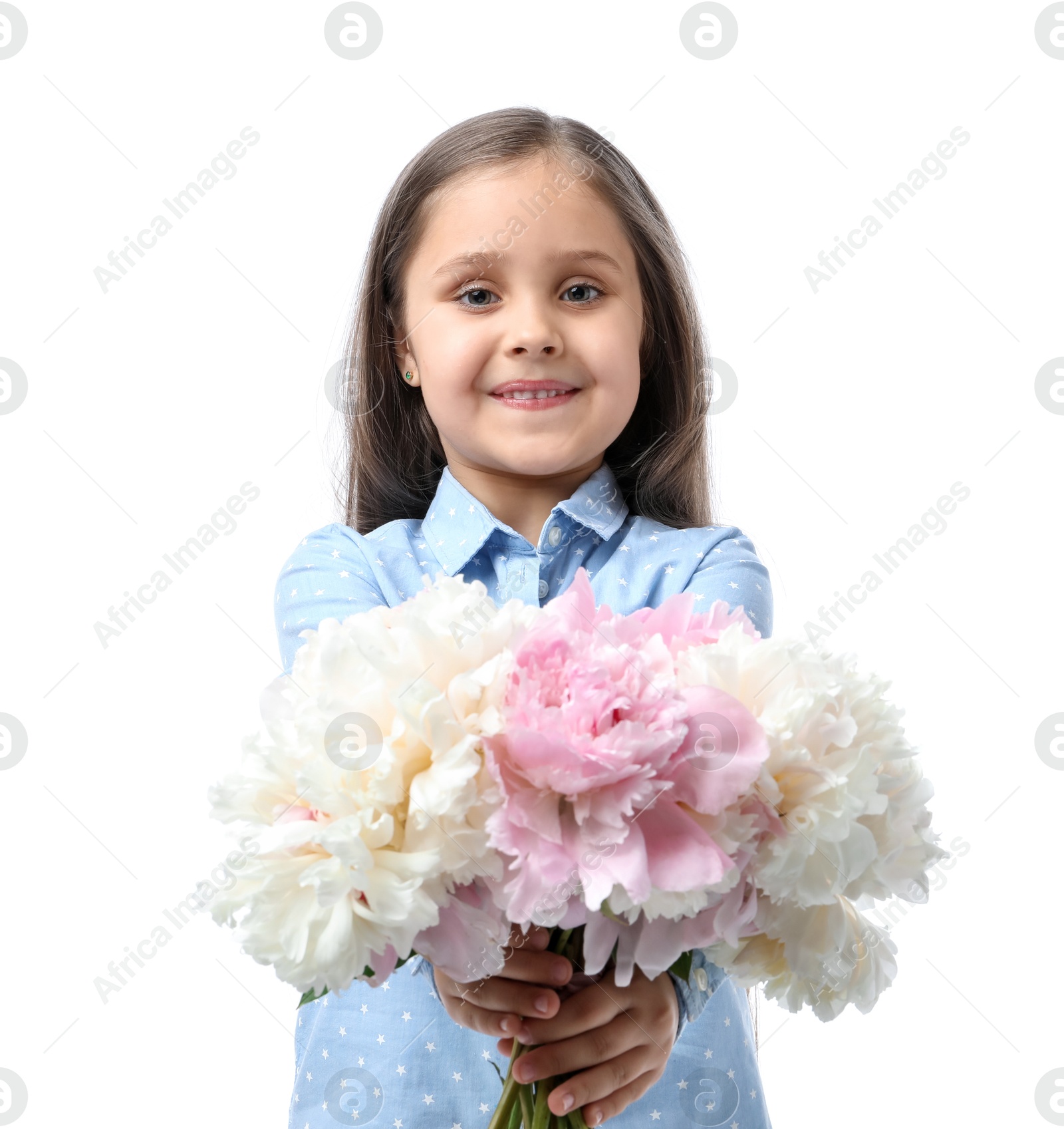 Photo of Cute little girl with bouquet of beautiful peonies on white background