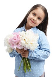 Photo of Cute little girl with bouquet of beautiful peonies on white background
