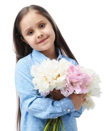 Photo of Cute little girl with bouquet of beautiful peonies on white background