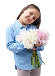 Photo of Cute little girl with bouquet of beautiful peonies on white background