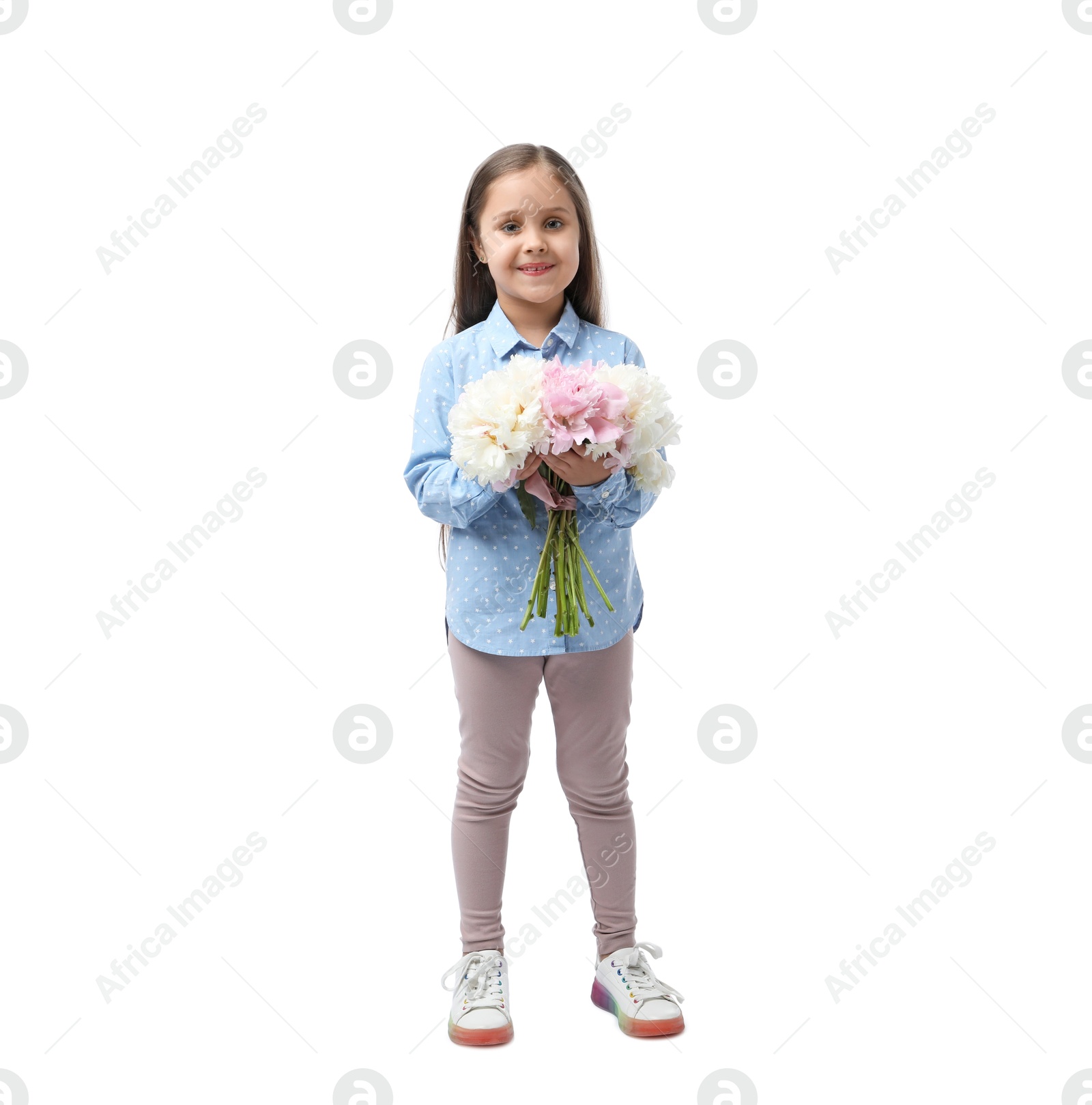 Photo of Cute little girl with bouquet of beautiful peonies on white background