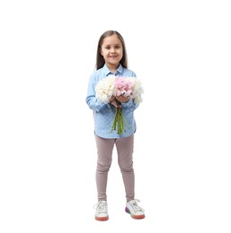Photo of Cute little girl with bouquet of beautiful peonies on white background