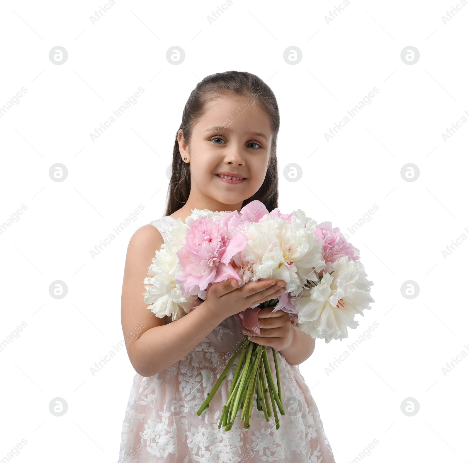 Cute little girl with bouquet of beautiful peonies on white background Photo of Cute little girl with bouquet of beautiful peonies on white background