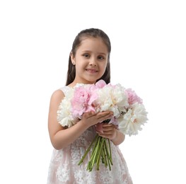 Photo of Cute little girl with bouquet of beautiful peonies on white background