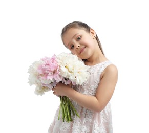 Photo of Cute little girl with bouquet of beautiful peonies on white background