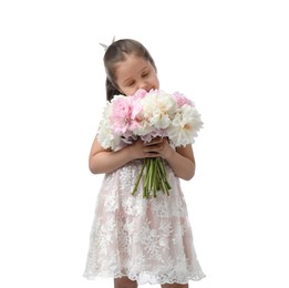 Photo of Cute little girl with bouquet of beautiful peonies on white background
