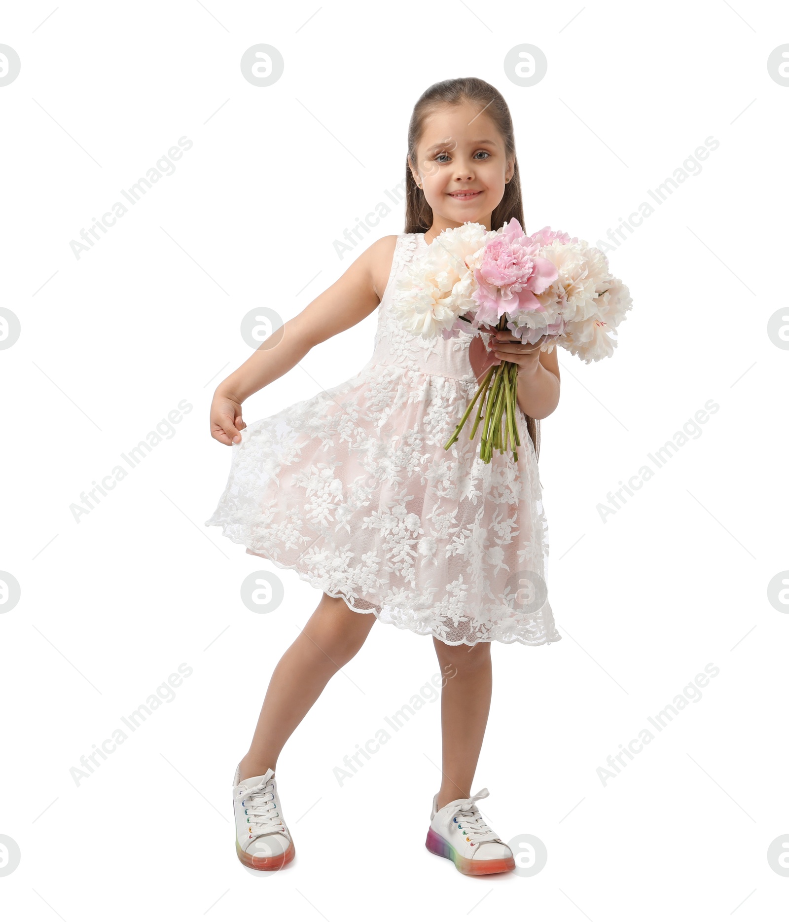 Photo of Cute little girl with bouquet of beautiful peonies on white background