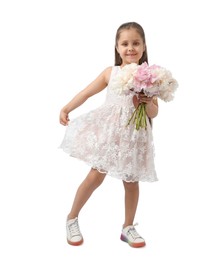 Photo of Cute little girl with bouquet of beautiful peonies on white background