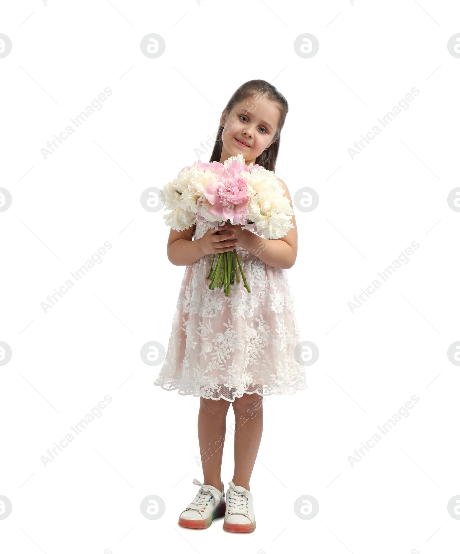 Photo of Cute little girl with bouquet of beautiful peonies on white background