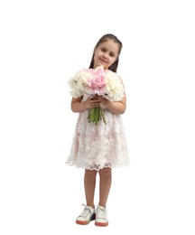 Photo of Cute little girl with bouquet of beautiful peonies on white background