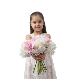 Photo of Cute little girl with bouquet of beautiful peonies on white background