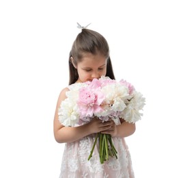 Photo of Cute little girl with bouquet of beautiful peonies on white background