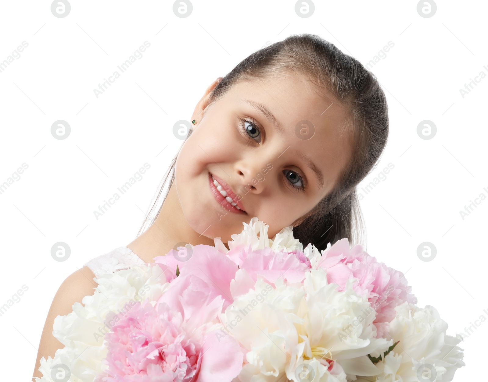 Photo of Cute little girl with bouquet of beautiful peonies on white background