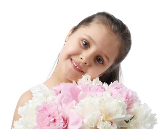 Photo of Cute little girl with bouquet of beautiful peonies on white background