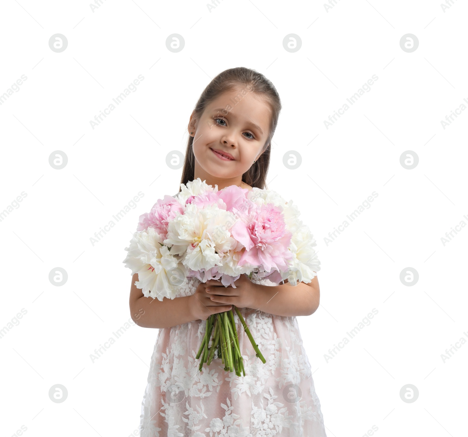 Photo of Cute little girl with bouquet of beautiful peonies on white background