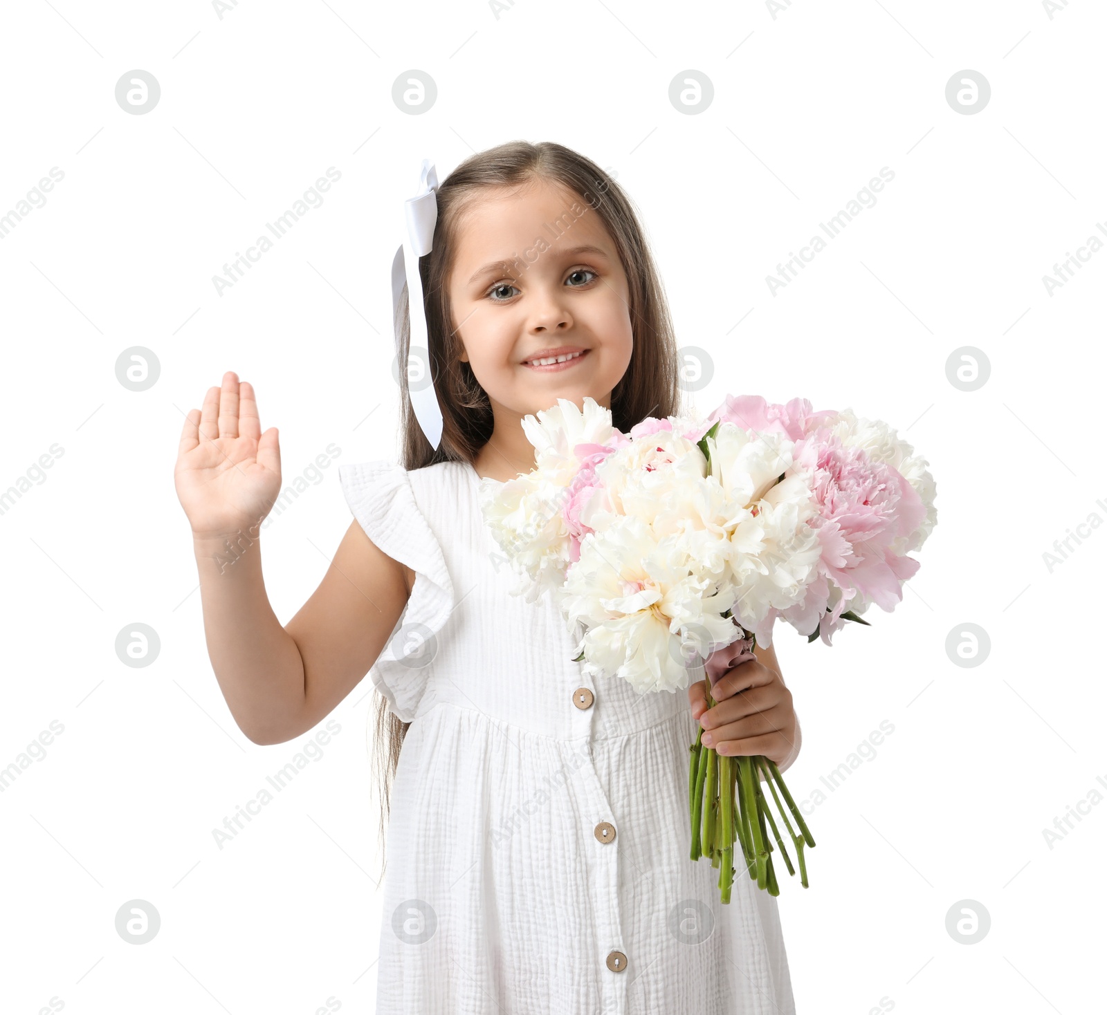 Cute little girl with bouquet of beautiful peonies on white background Photo of Cute little girl with bouquet of beautiful peonies on white background