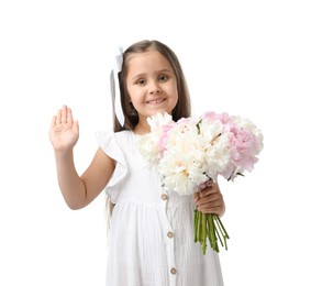 Photo of Cute little girl with bouquet of beautiful peonies on white background
