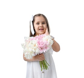 Photo of Cute little girl with bouquet of beautiful peonies on white background