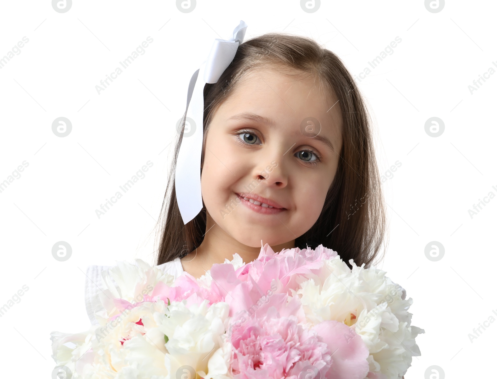 Cute little girl with bouquet of beautiful peonies on white background Photo of Cute little girl with bouquet of beautiful peonies on white background