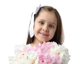 Photo of Cute little girl with bouquet of beautiful peonies on white background