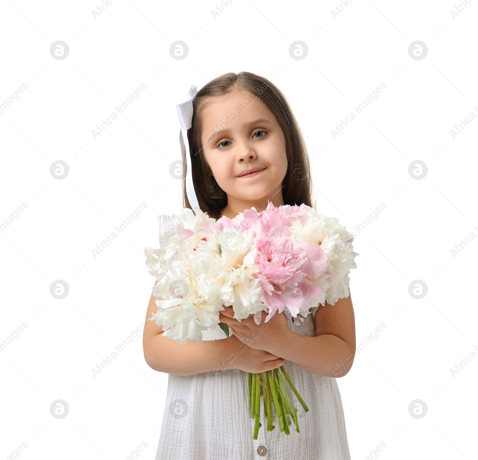 Cute little girl with bouquet of beautiful peonies on white background Photo of Cute little girl with bouquet of beautiful peonies on white background