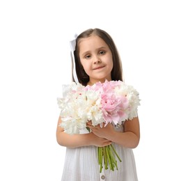 Photo of Cute little girl with bouquet of beautiful peonies on white background