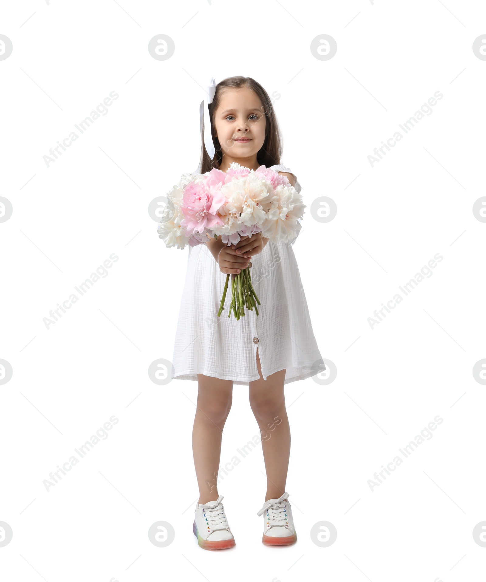 Cute little girl with bouquet of beautiful peonies on white background Photo of Cute little girl with bouquet of beautiful peonies on white background