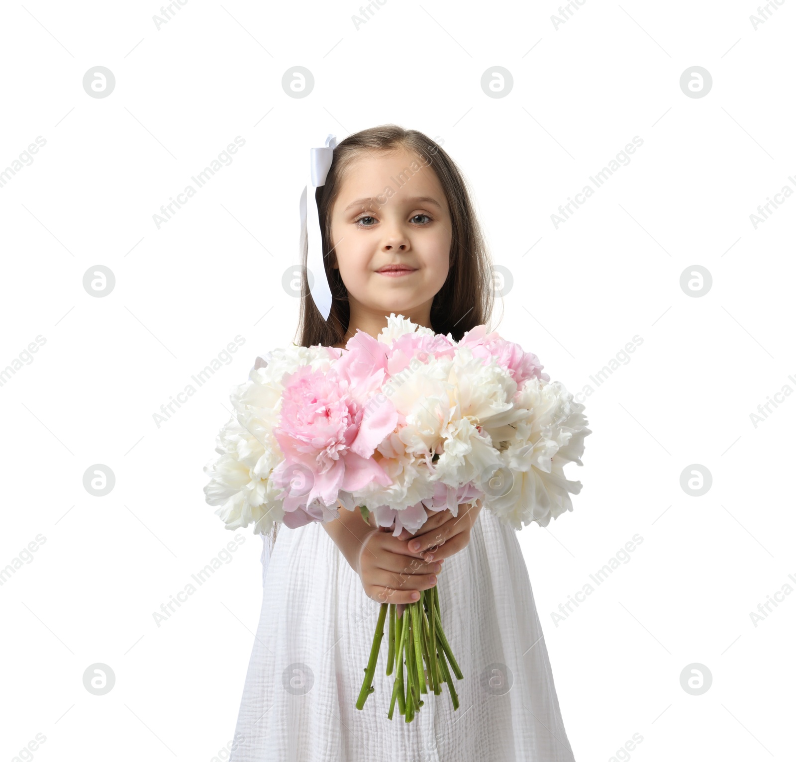 Cute little girl with bouquet of beautiful peonies on white background Photo of Cute little girl with bouquet of beautiful peonies on white background