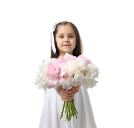 Photo of Cute little girl with bouquet of beautiful peonies on white background