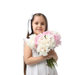 Photo of Cute little girl with bouquet of beautiful peonies on white background