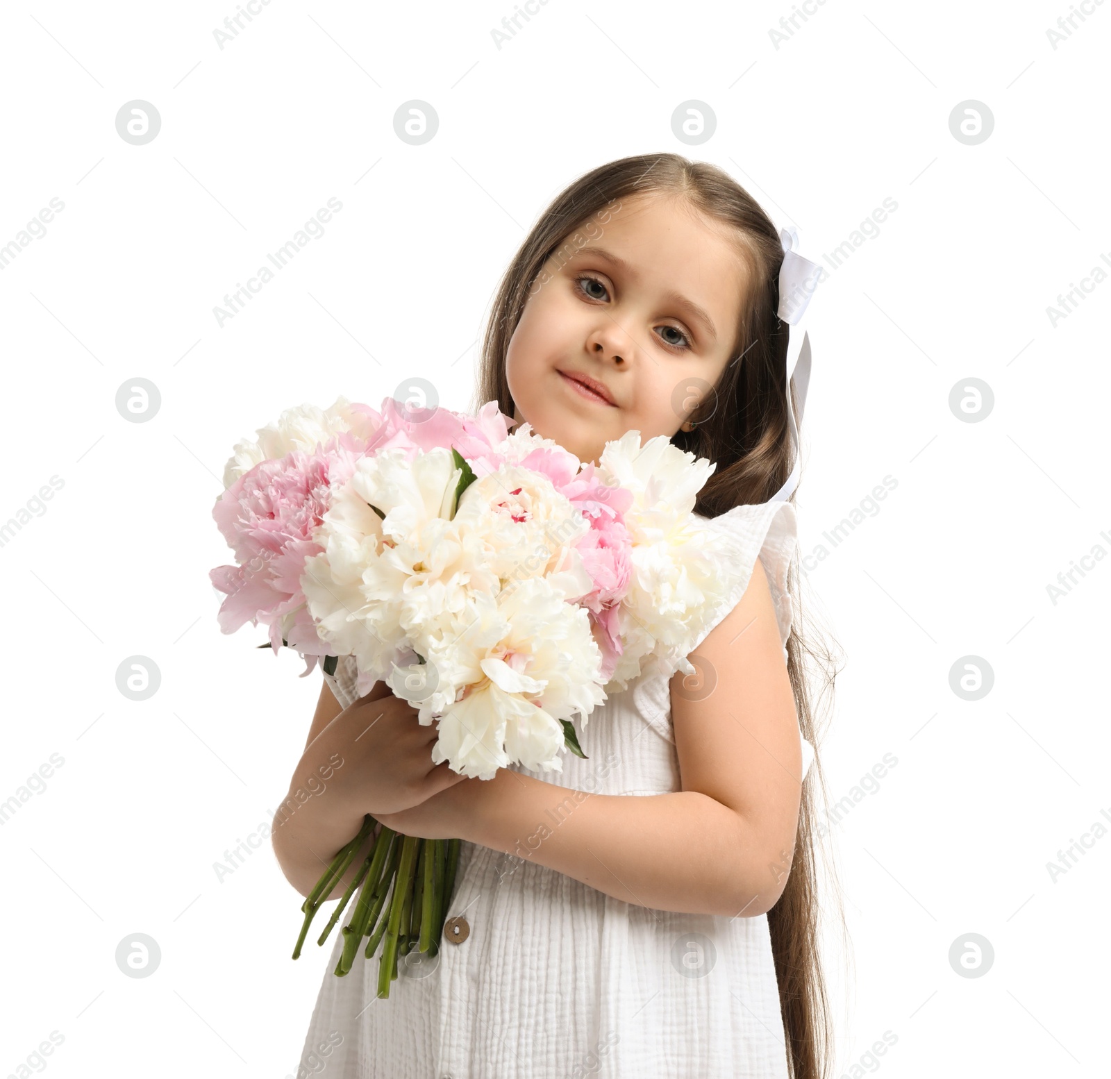 Cute little girl with bouquet of beautiful peonies on white background Photo of Cute little girl with bouquet of beautiful peonies on white background