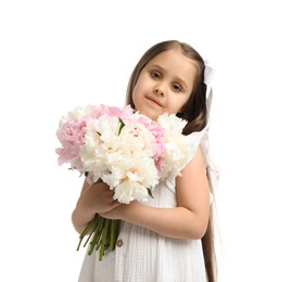 Photo of Cute little girl with bouquet of beautiful peonies on white background