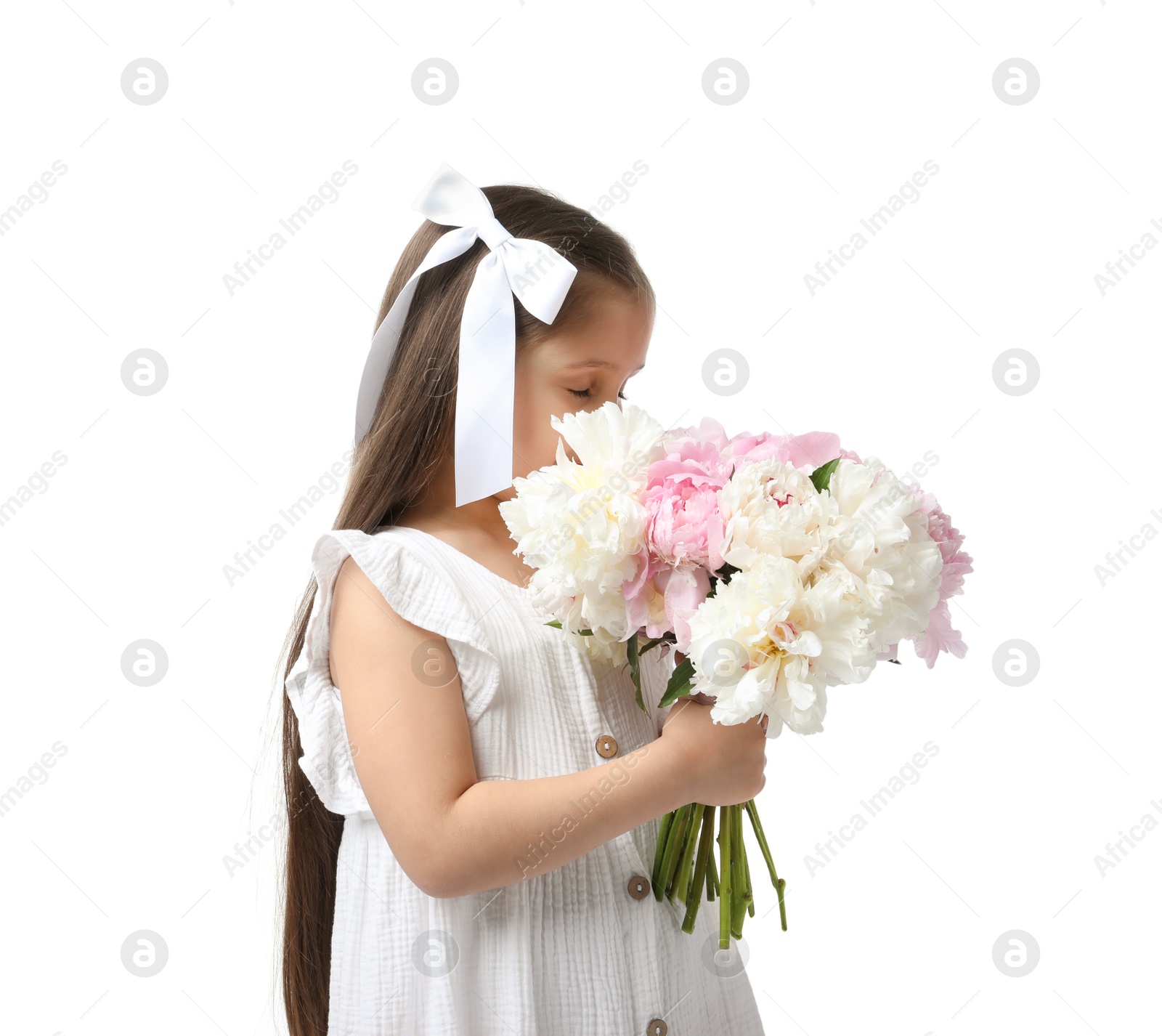 Cute little girl with bouquet of beautiful peonies on white background Photo of Cute little girl with bouquet of beautiful peonies on white background