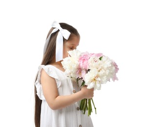 Photo of Cute little girl with bouquet of beautiful peonies on white background